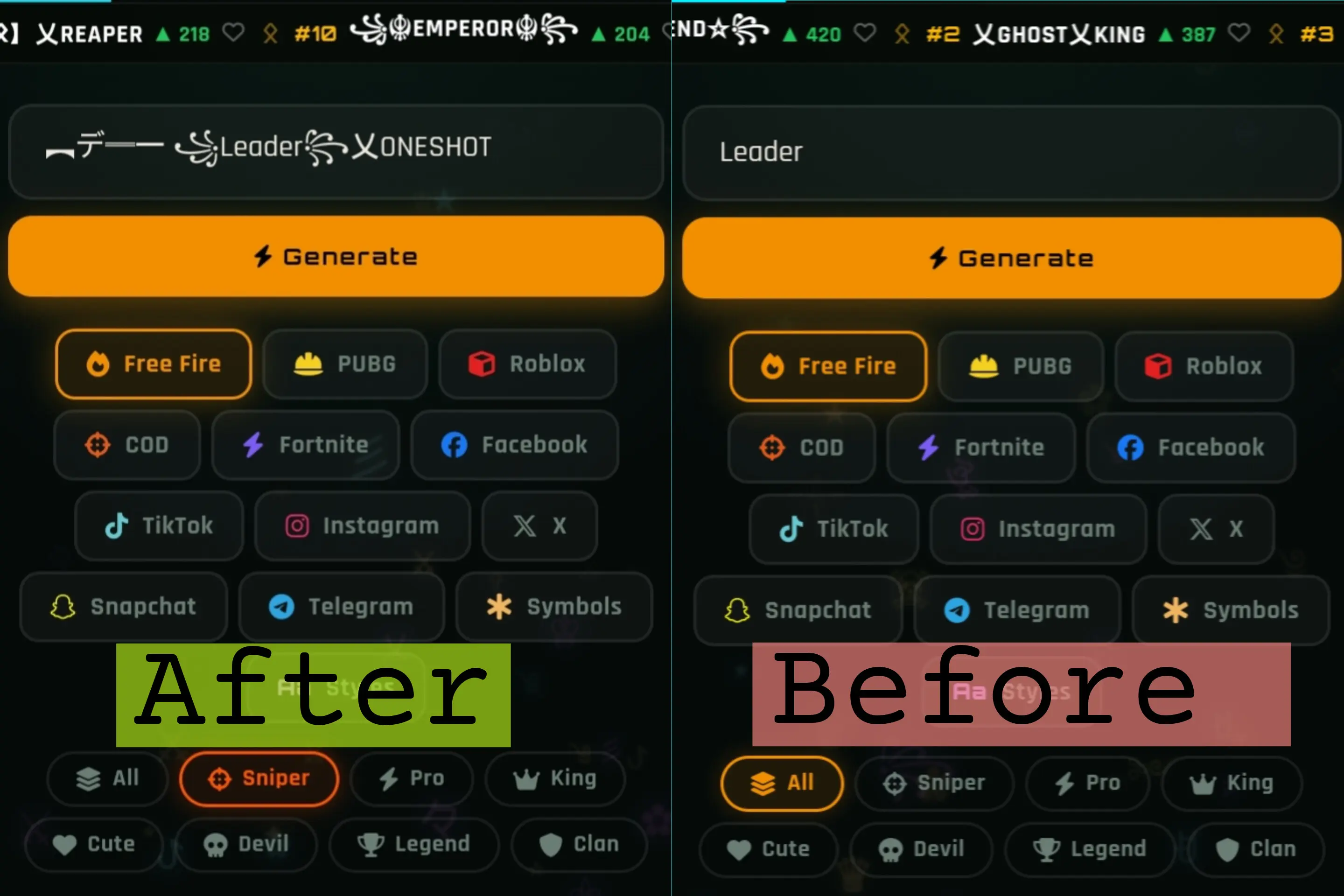 Comparison of plain and stylish Free Fire names