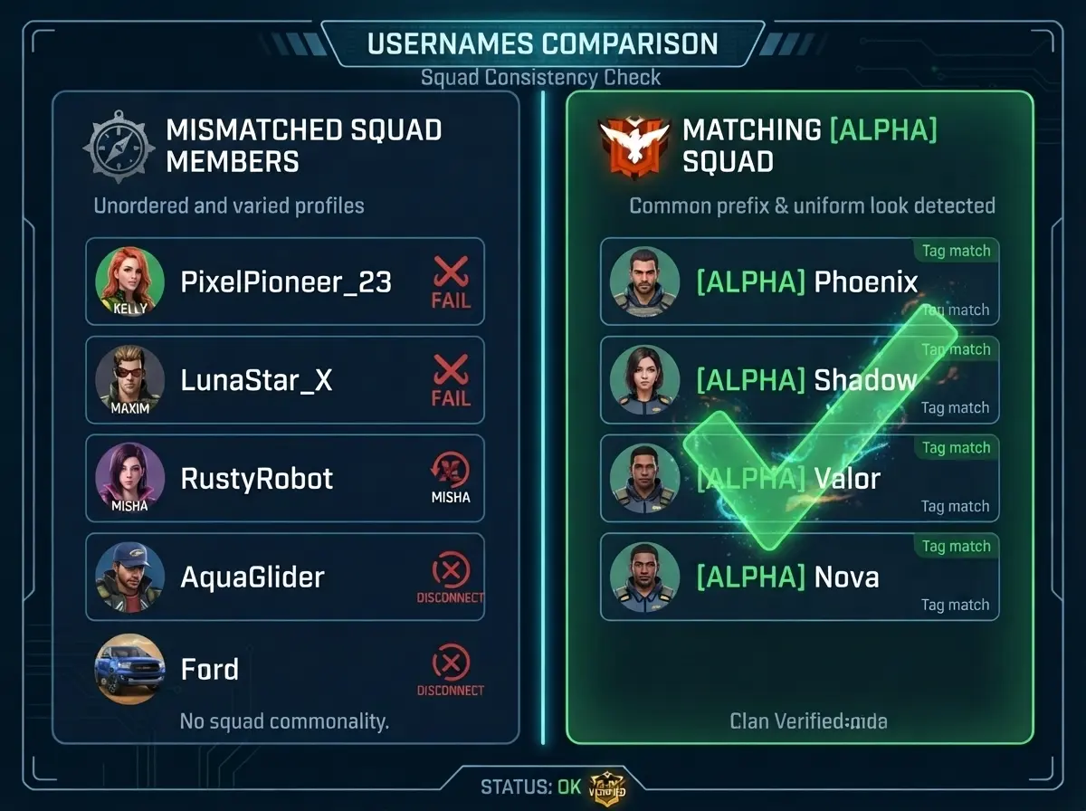 Comparison of Free Fire guild member names with and without matching tag prefix