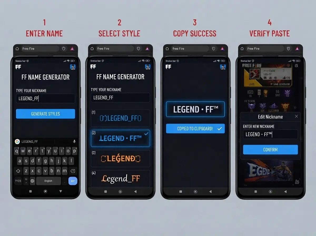 Step by step browser screen showing name generation and copy to clipboard for Free Fire