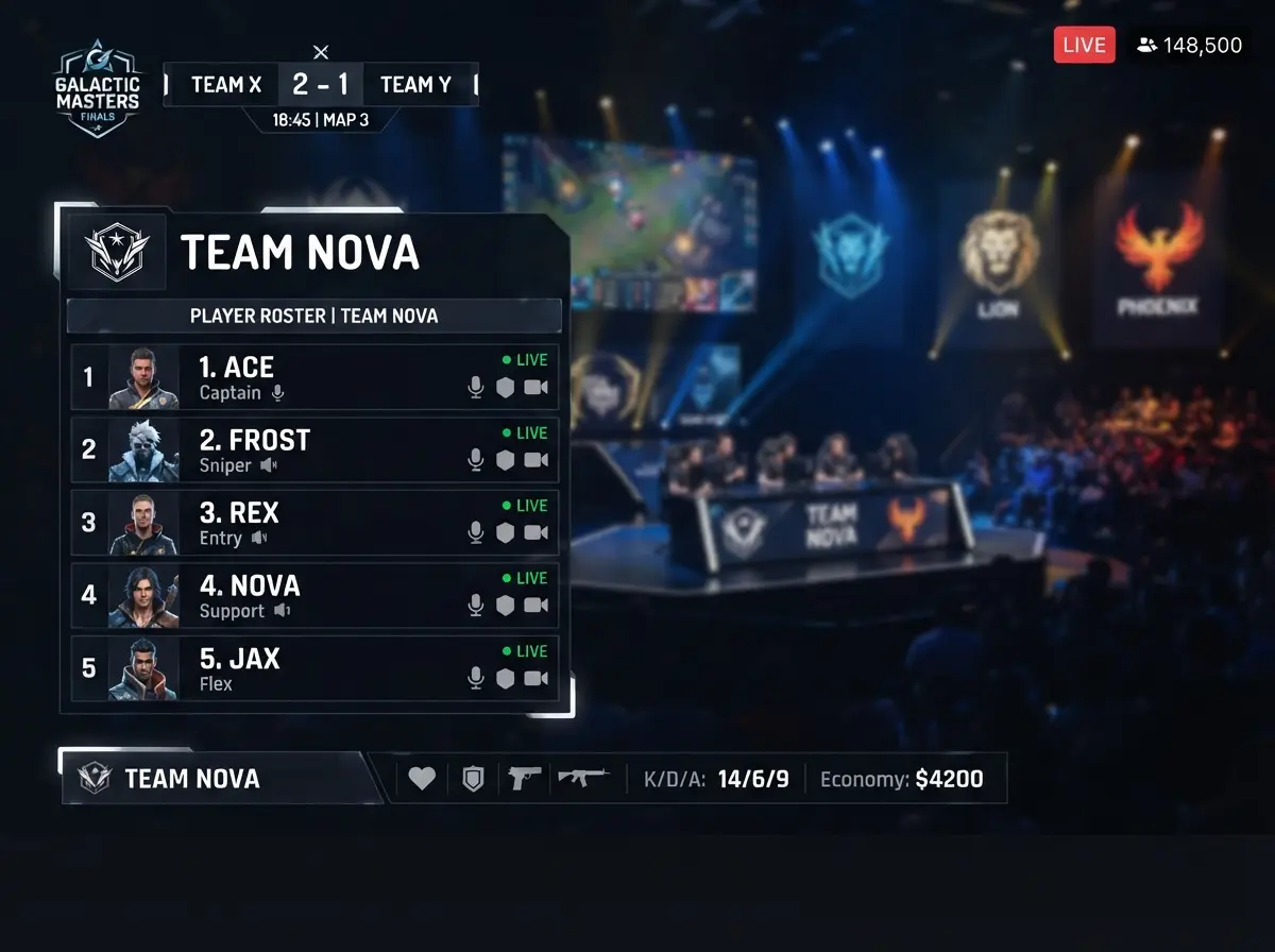 Free Fire tournament broadcast overlay showing clean readable pro player names