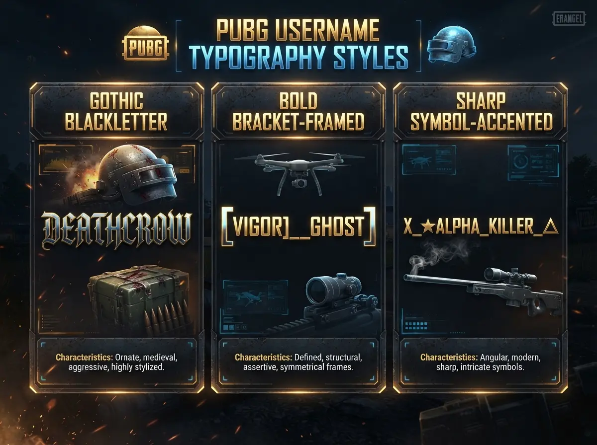Gothic blackletter Unicode font comparison for PUBG boy usernames 2026