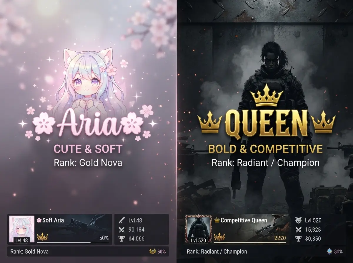 Side by side PUBG girl username examples showing cute style versus bold competitive style