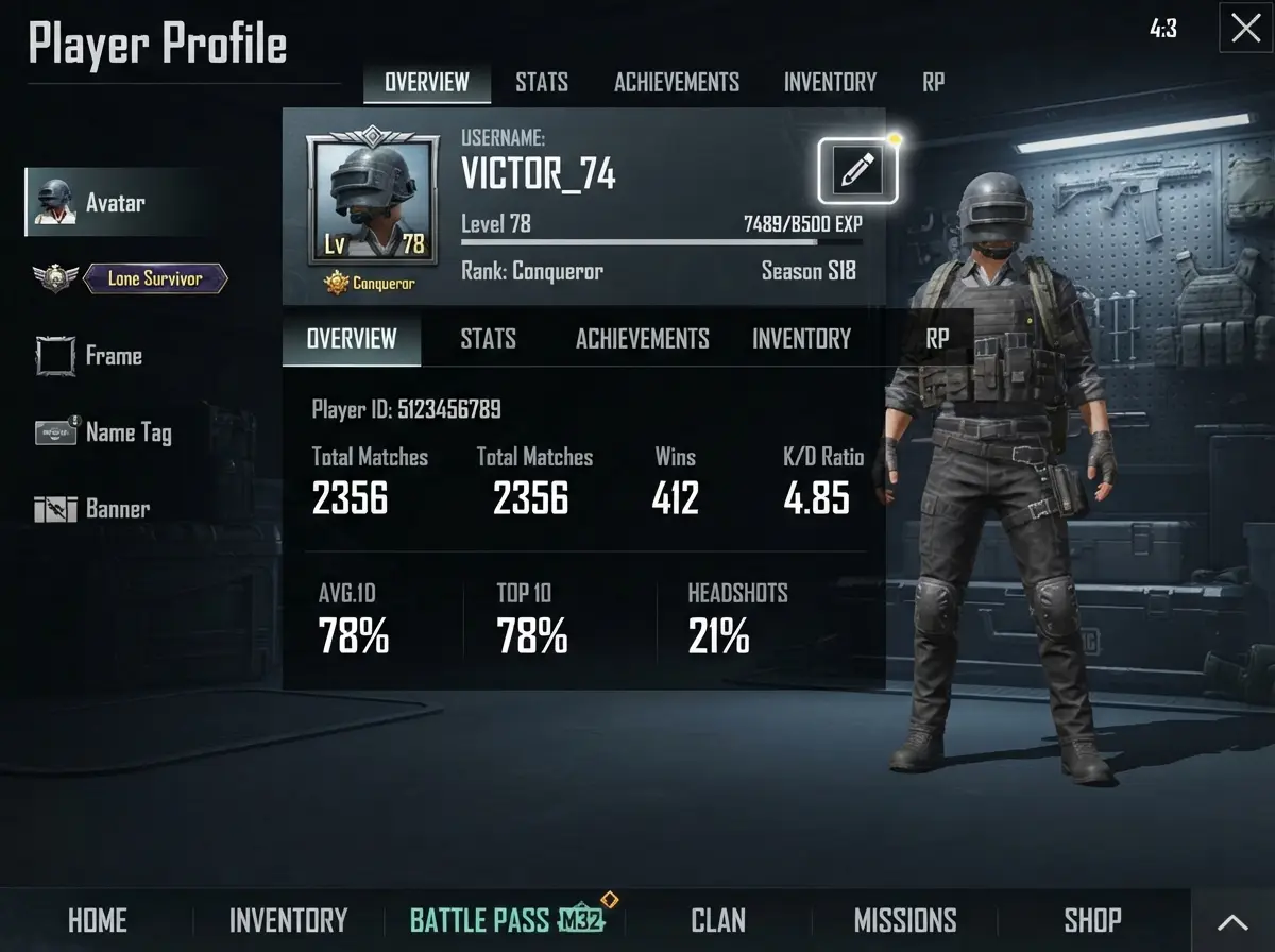 PUBG Mobile profile screen showing the edit pencil icon next to username field 2026