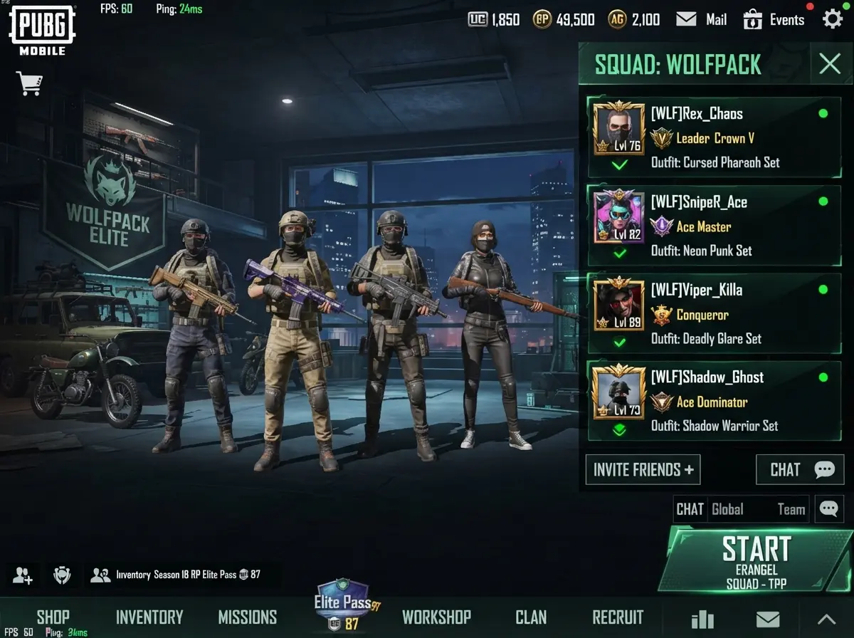 PUBG Mobile squad of four players with matching tag prefix usernames in lobby 2026