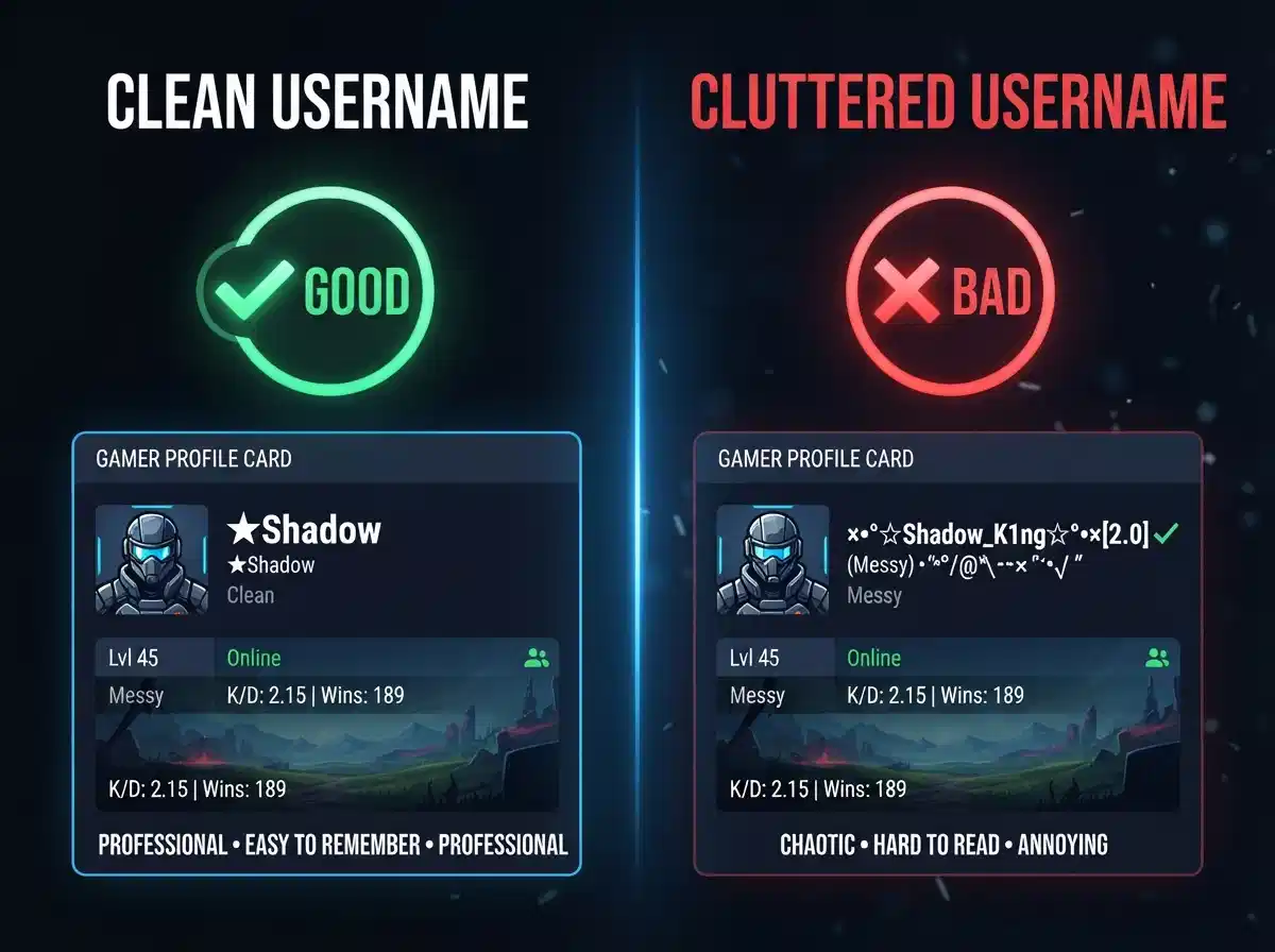 Comparison of clean single-symbol PUBG username versus cluttered multi-symbol overload